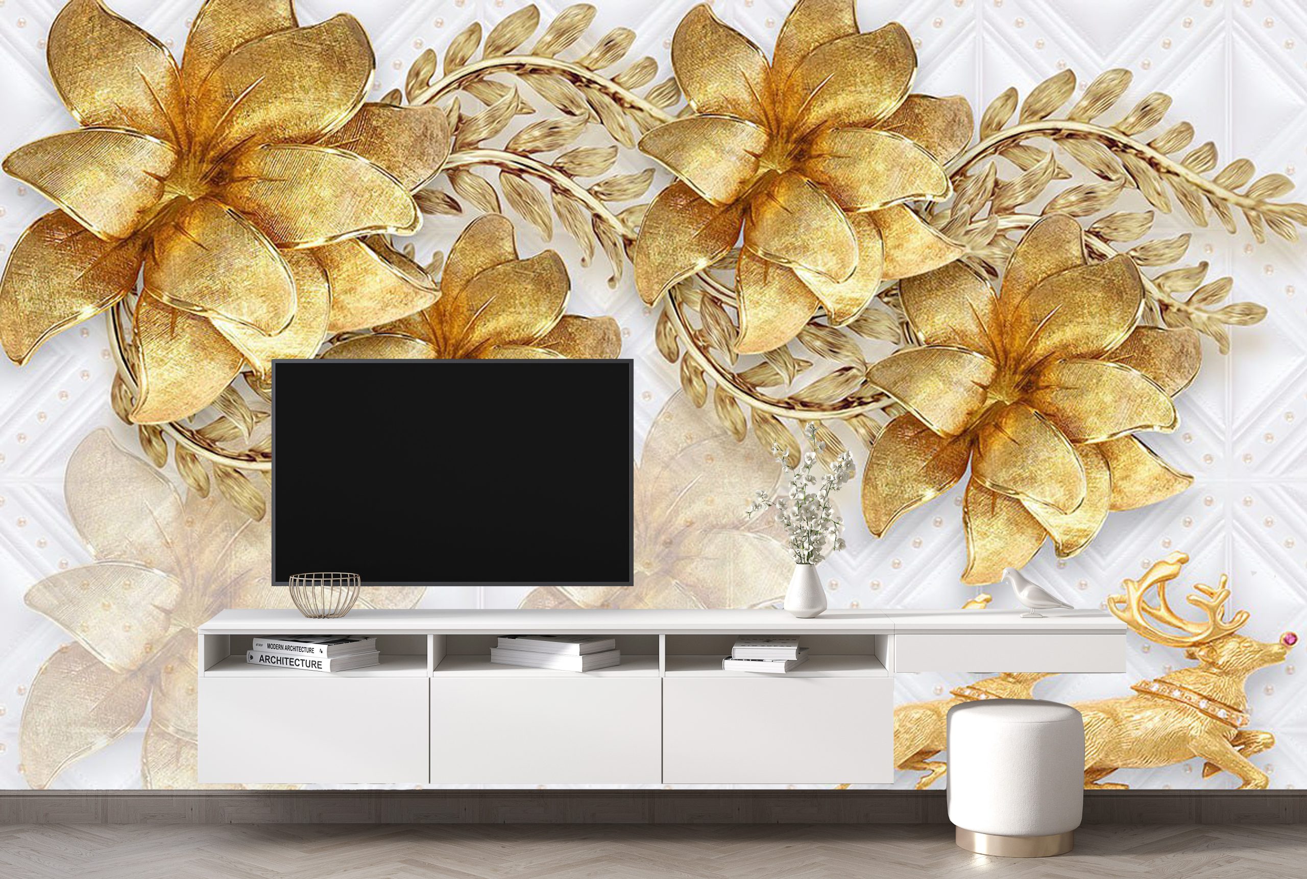 پوستر دیواری گل طلایی و گوزن 3D-F972 - Image 3