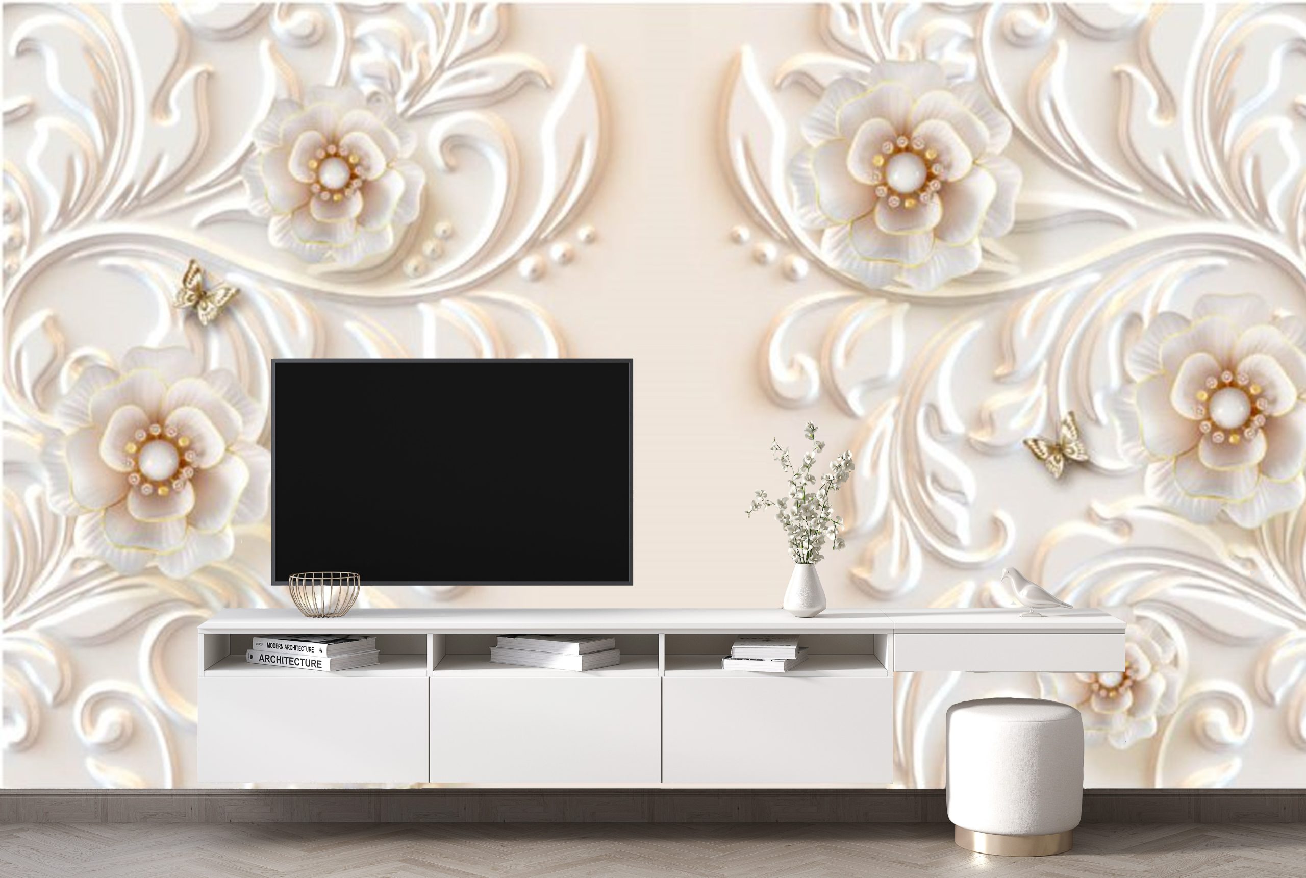 پوستر دیواری - گل کرم و مروارید 3D-F977 - Image 3