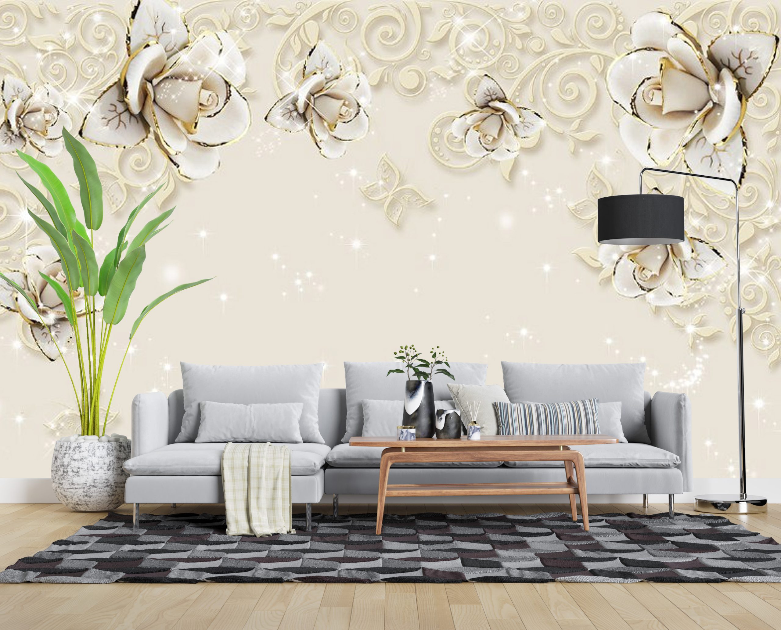 پوستر دیواری گل کرم و پروانه 3D-F973