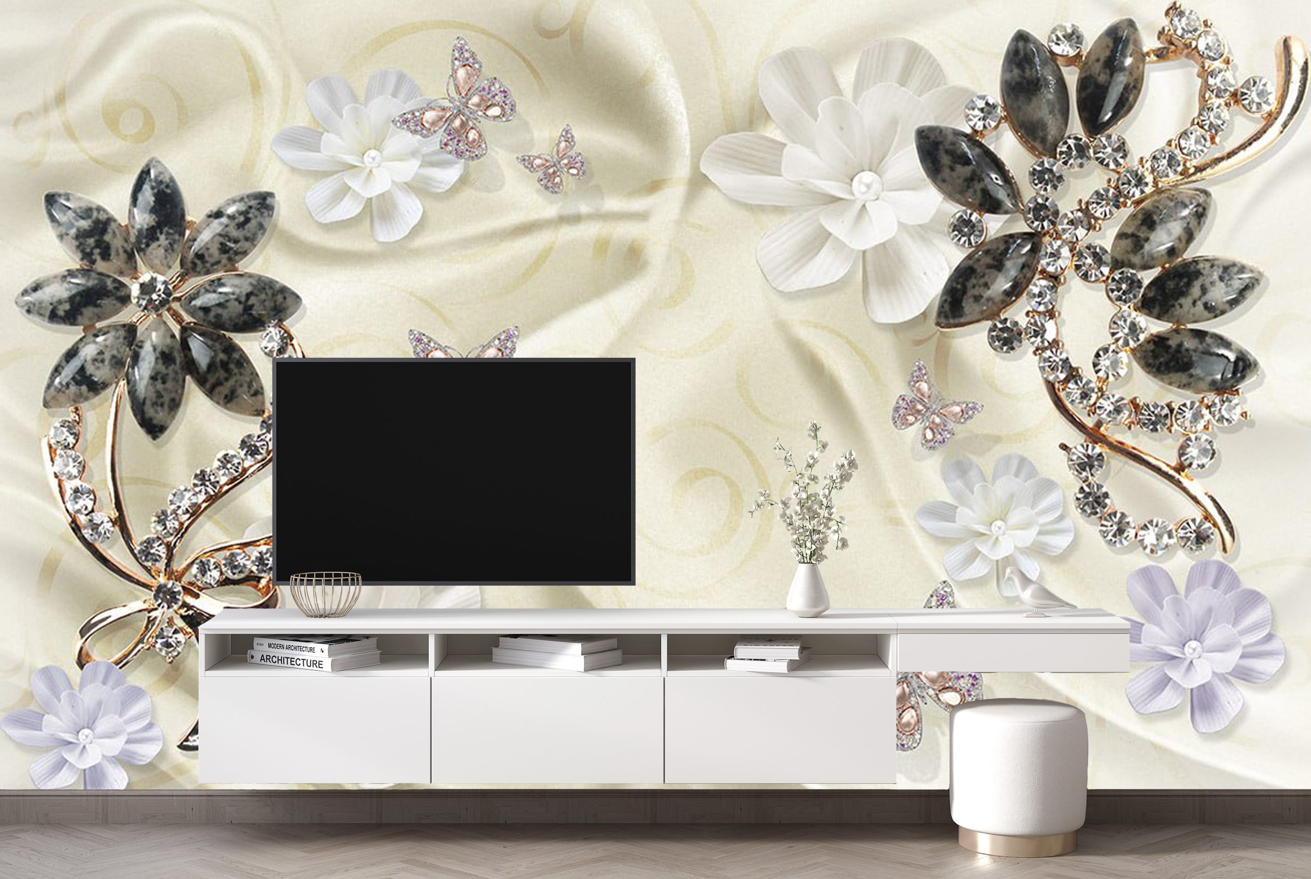 پوستر دیواری سه بعدی - گل - پارچه - سفید 3D-F967 - Image 3