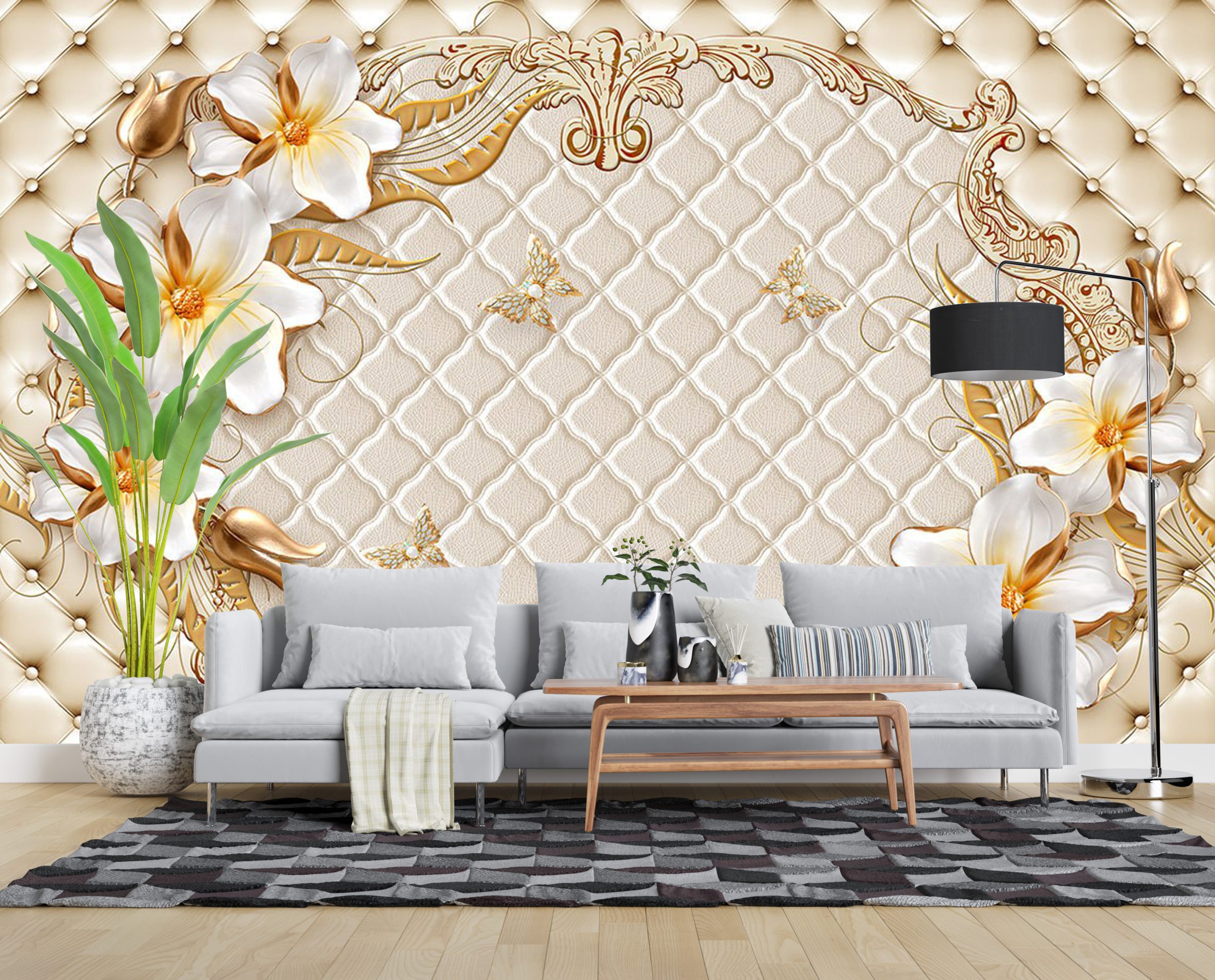 پوستر دیواری سه بعدی - گل - طلایی - لمسه - پروانه 3D-F963