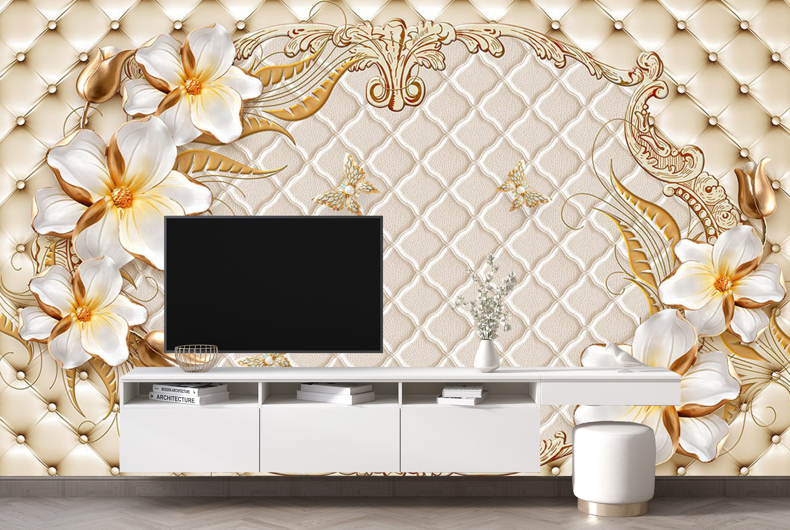 پوستر دیواری سه بعدی - گل - طلایی - لمسه - پروانه 3D-F963 - Image 3