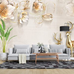 پوستر دیواری گل - طلایی - گوزن - نگین - جواهر 3D-F949
