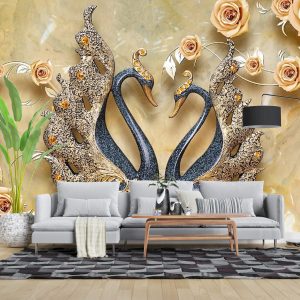 پوستر دیواری سه بعدی گل طلایی و قو 3D-F941