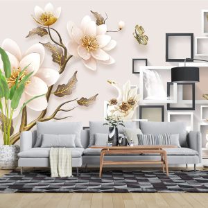 پوستر دیواری سه بعدی گل سفید و طلایی 3D-F940