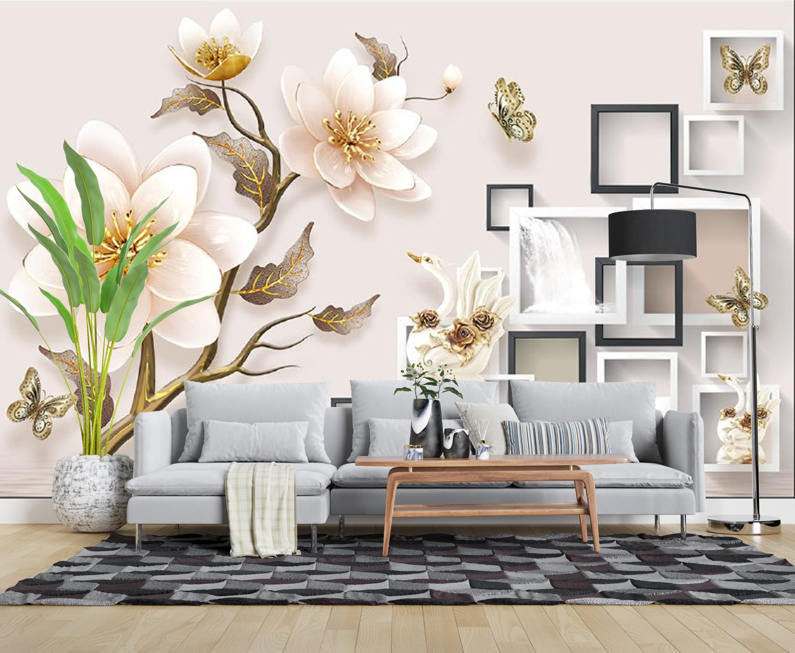 پوستر دیواری سه بعدی گل سفید و طلایی 3D-F940