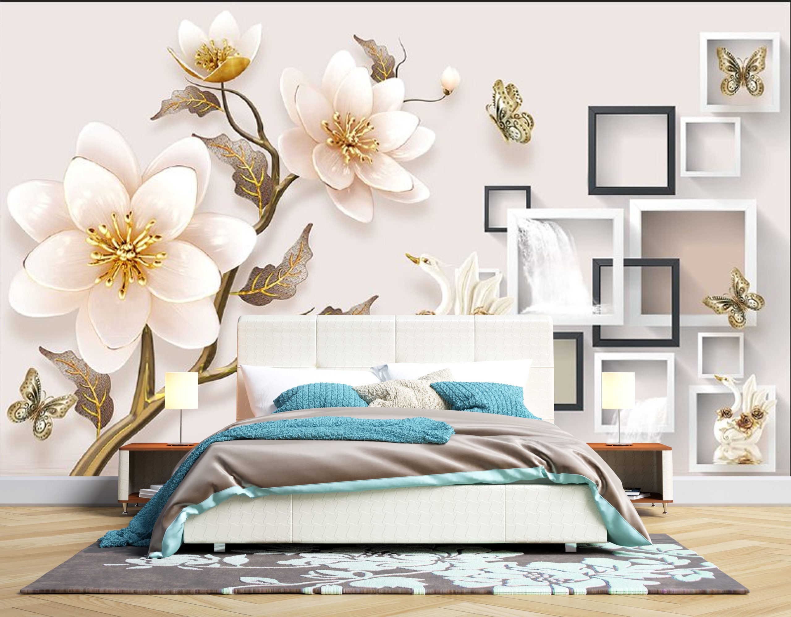 پوستر دیواری سه بعدی گل سفید و طلایی 3D-F940 - Image 2