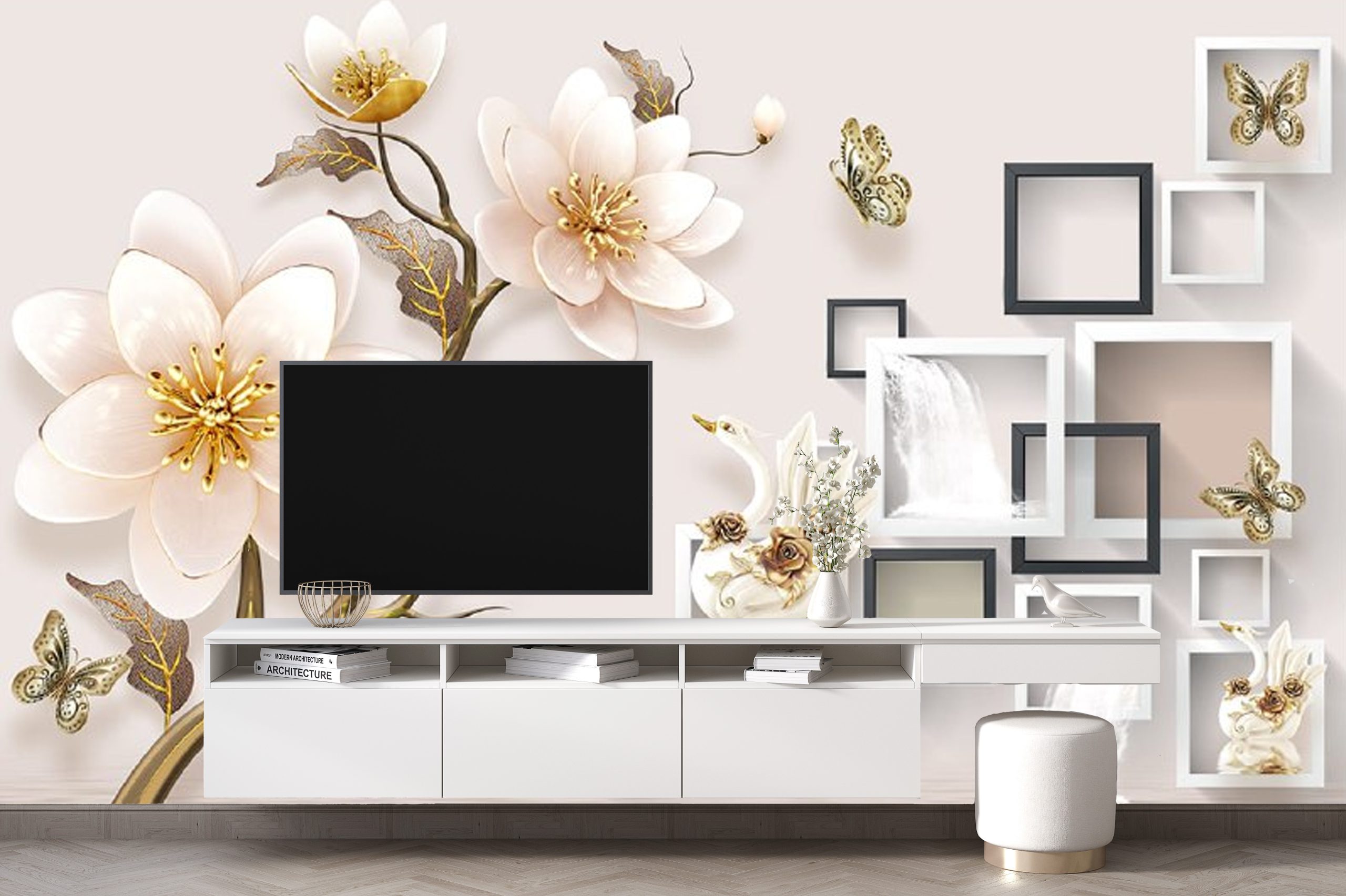 پوستر دیواری سه بعدی گل سفید و طلایی 3D-F940 - Image 3