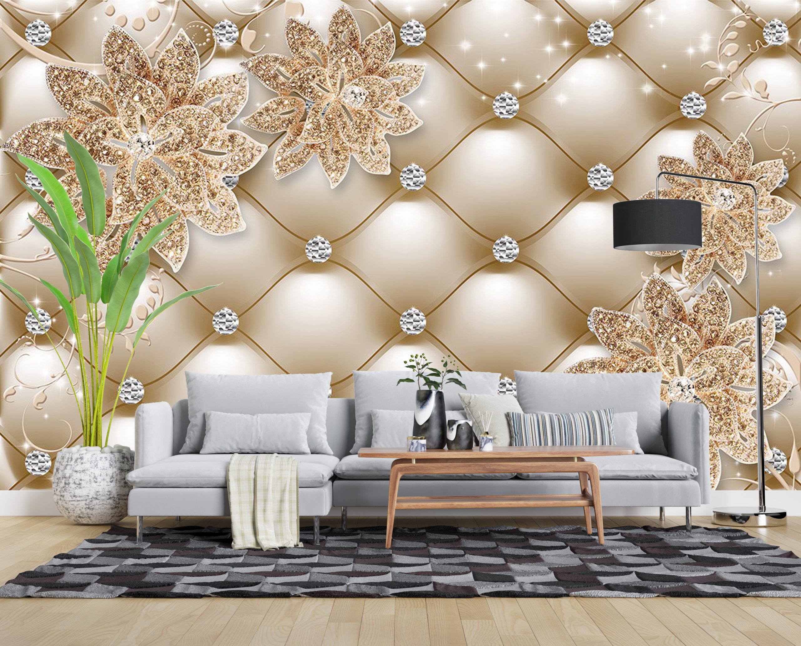 پوستر دیواری سه بعدی - گل - لمسه - طلایی 3D-F966