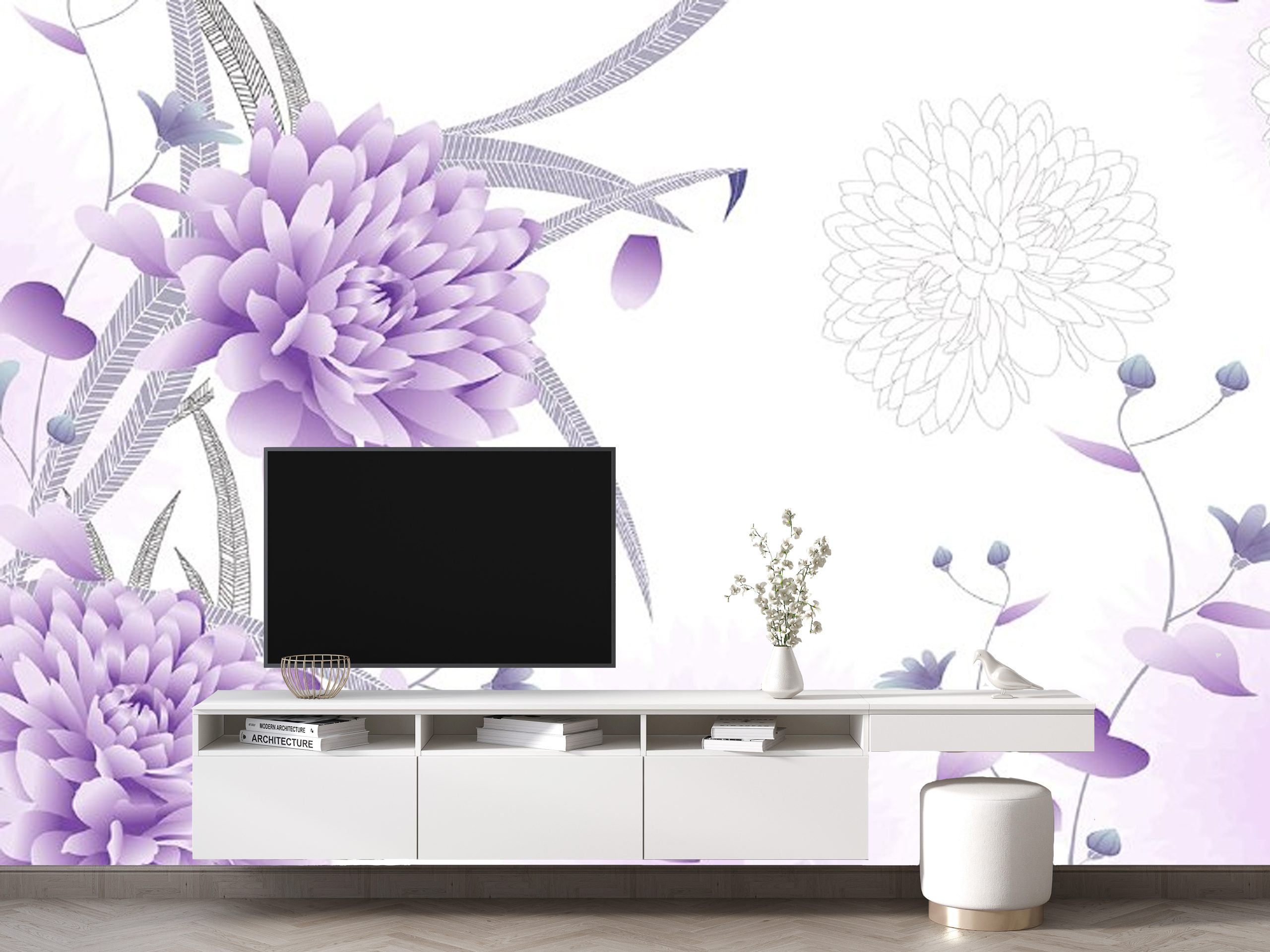 پوستر دیواری سه بعدی - گل - سفید - بنفش 3D-F939 - Image 3